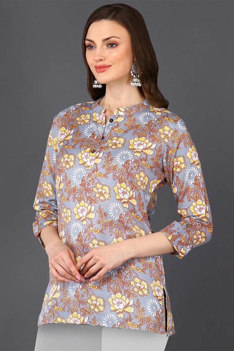 Grey & Brown Cotton Blend Floral Printed Tunic Top