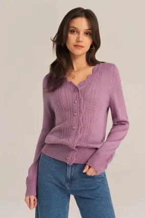 Hollowed-out Long Sleeve V-Neck Wide Ribbed Hem knitted Cardigan - Purple