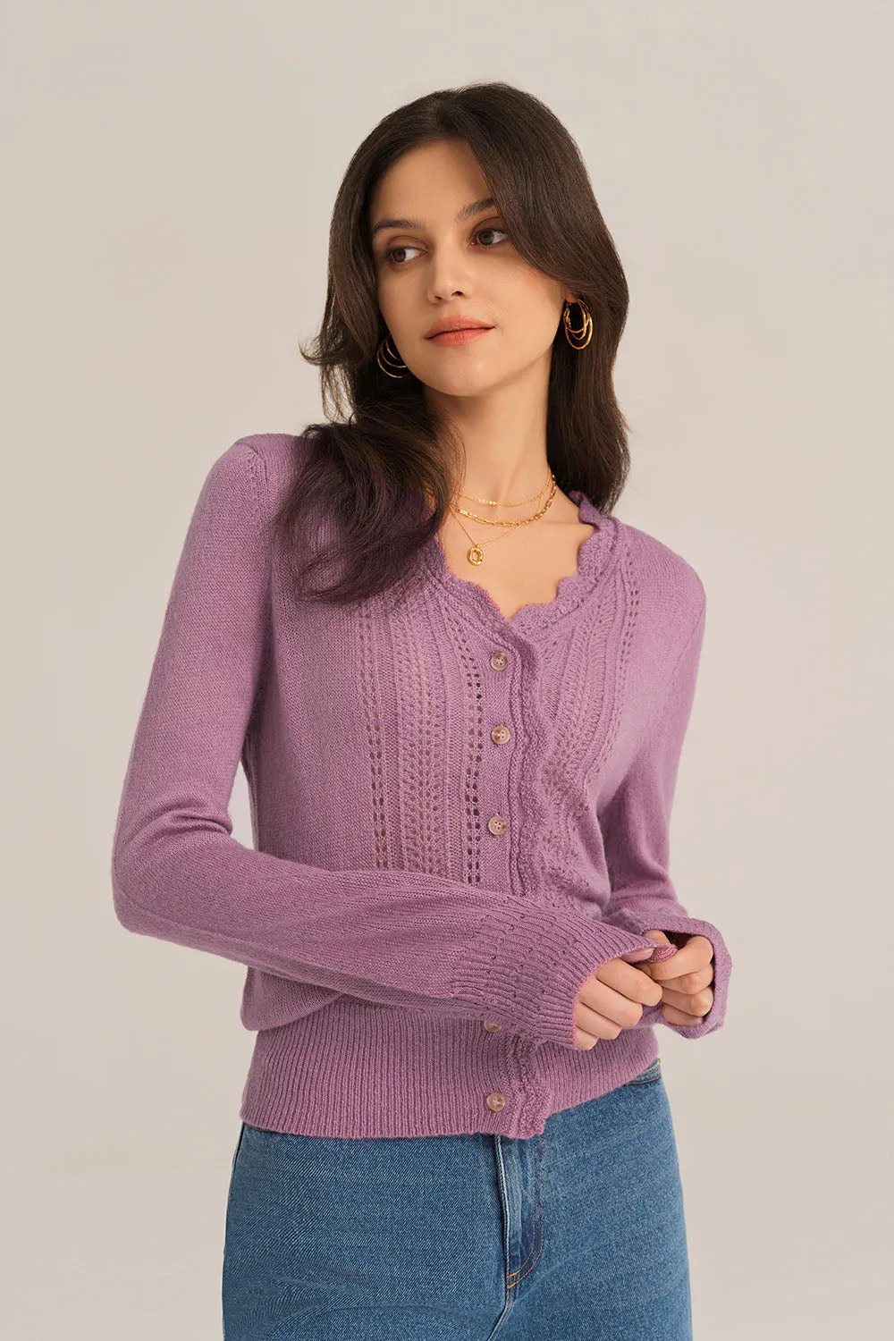 Hollowed-out Long Sleeve V-Neck Wide Ribbed Hem knitted Cardigan - Purple