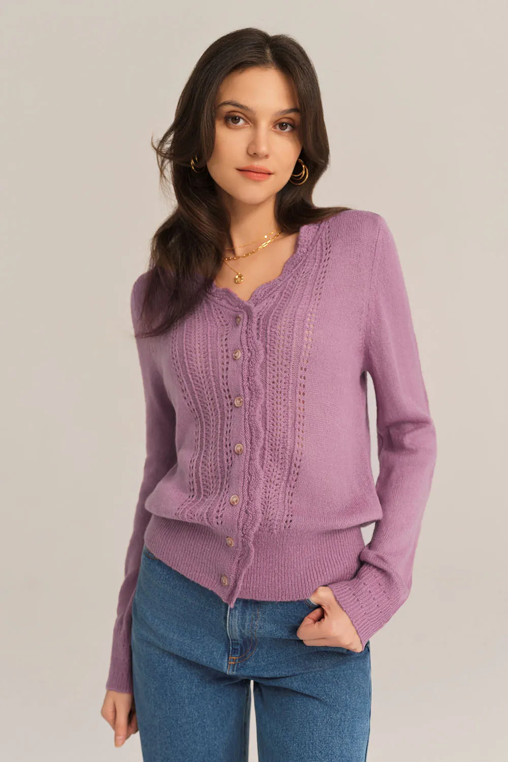 Hollowed-out Long Sleeve V-Neck Wide Ribbed Hem knitted Cardigan - Purple