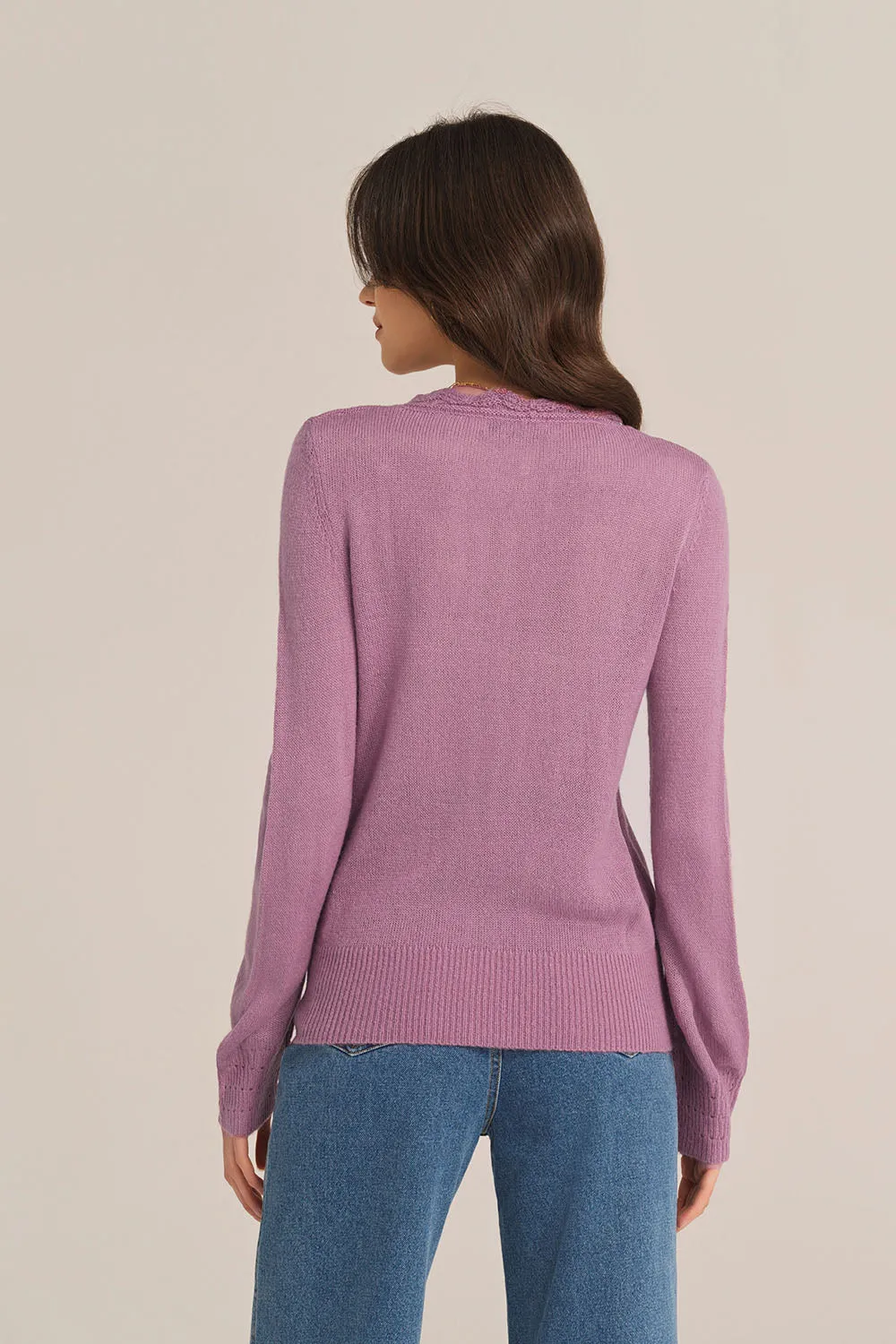 Hollowed-out Long Sleeve V-Neck Wide Ribbed Hem knitted Cardigan - Purple