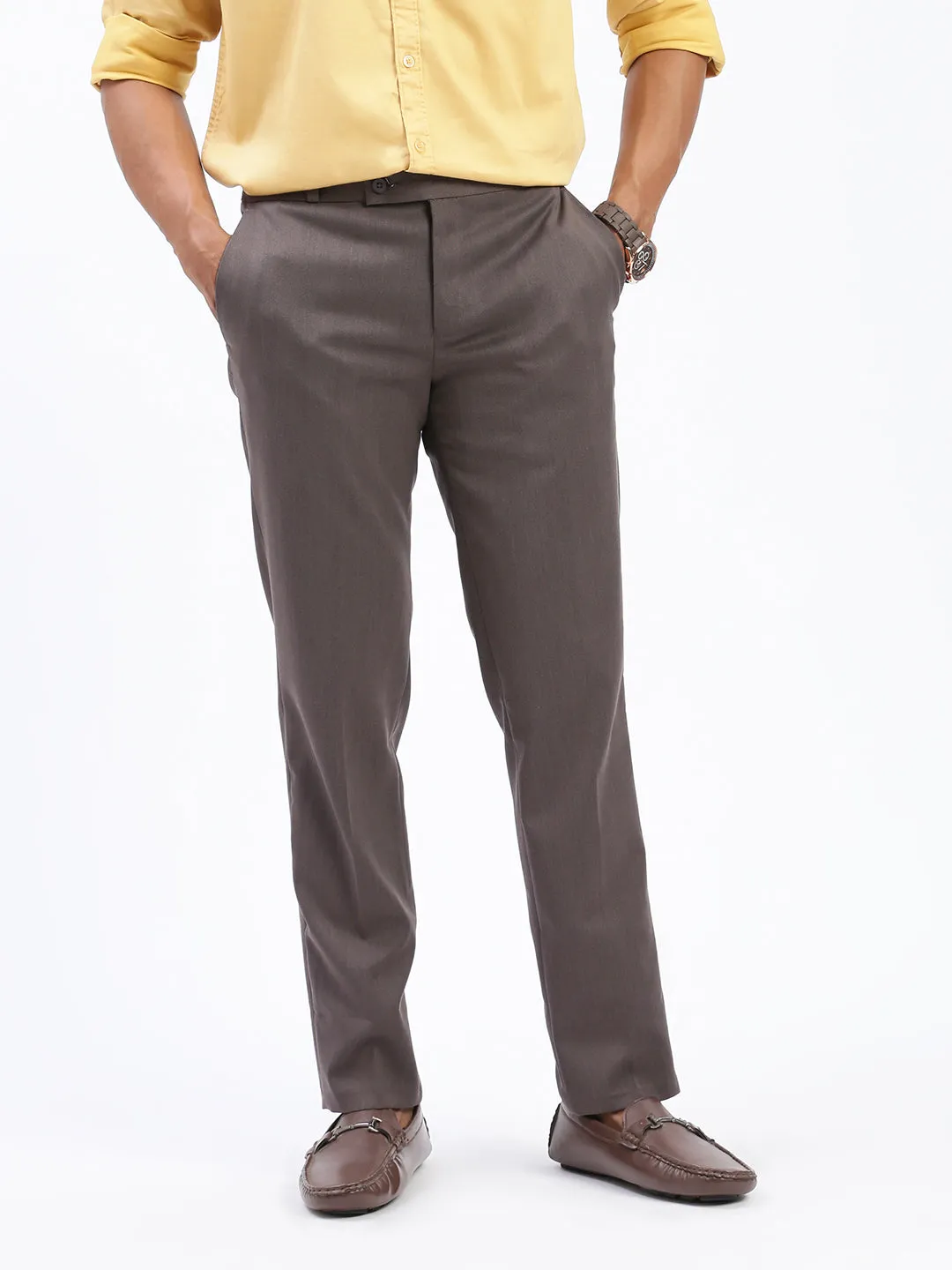 Men Solid Brown Formal Trousers