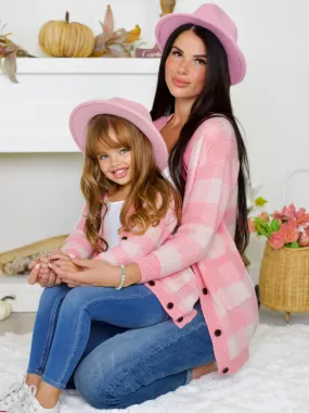 Mommy and Me Pink and White Checkered Oversized Cardigan