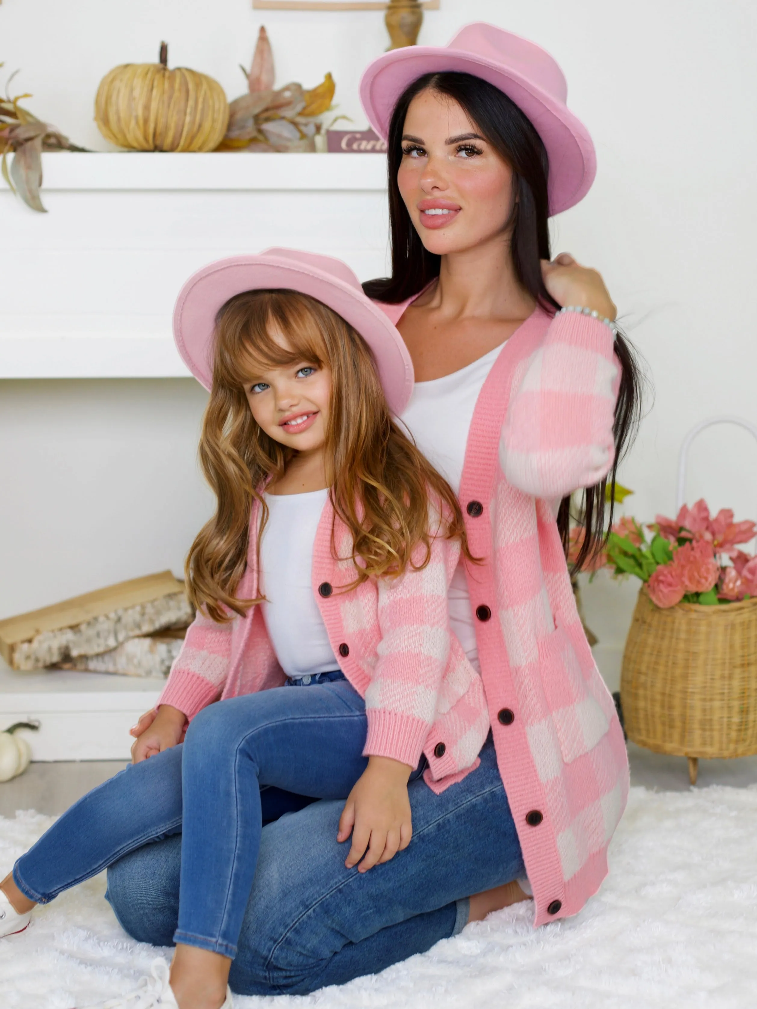 Mommy and Me Pink and White Checkered Oversized Cardigan