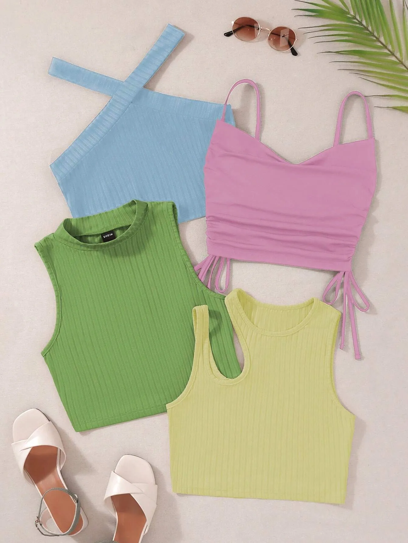 MOOSTA 4pcs Solid Drawstring Side Cami Top & Halter Top & Tank Top, Going Out Top