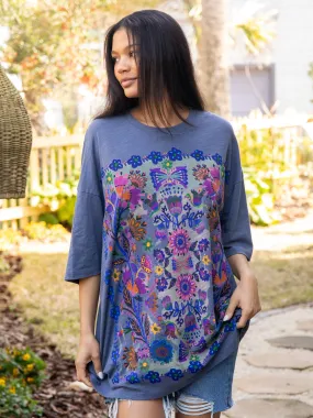 One Size Cotton Easy Tee - Navy Border Folk Garden