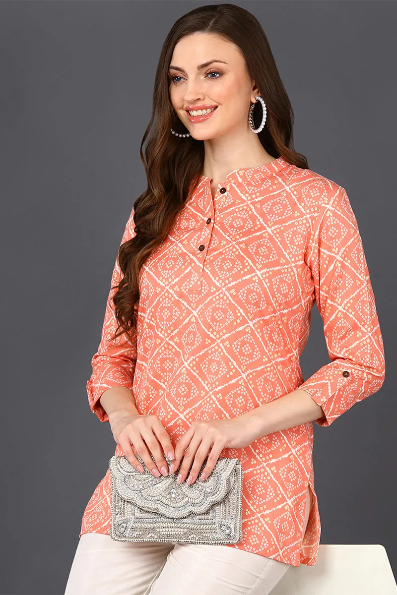 Peach Cotton Blend Geometric Bandhani Printed Tunic Top