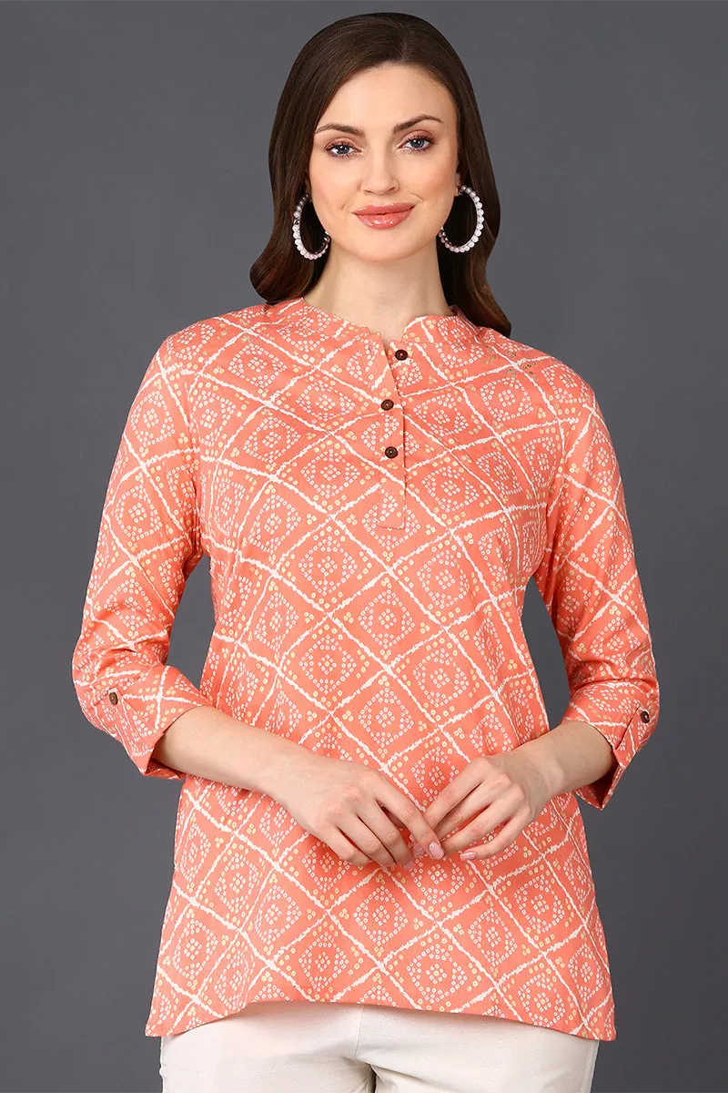 Peach Cotton Blend Geometric Bandhani Printed Tunic Top