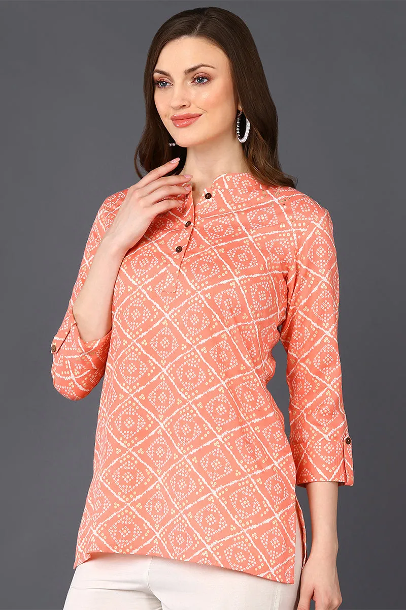 Peach Cotton Blend Geometric Bandhani Printed Tunic Top