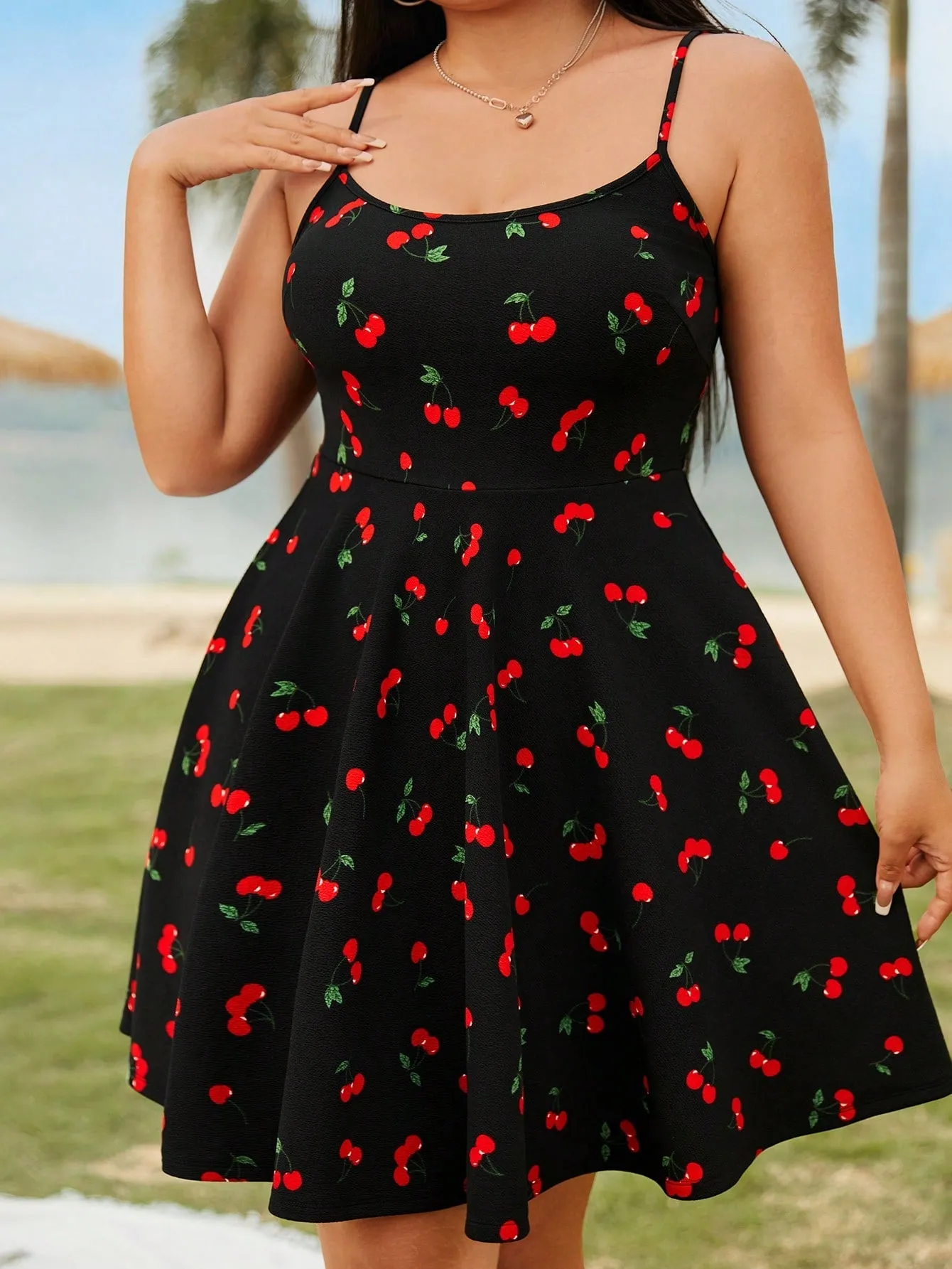 Plus Size Cherry Pattern Knitted Spaghetti Strap Dress - Casual, Backless, Ruffled Hem