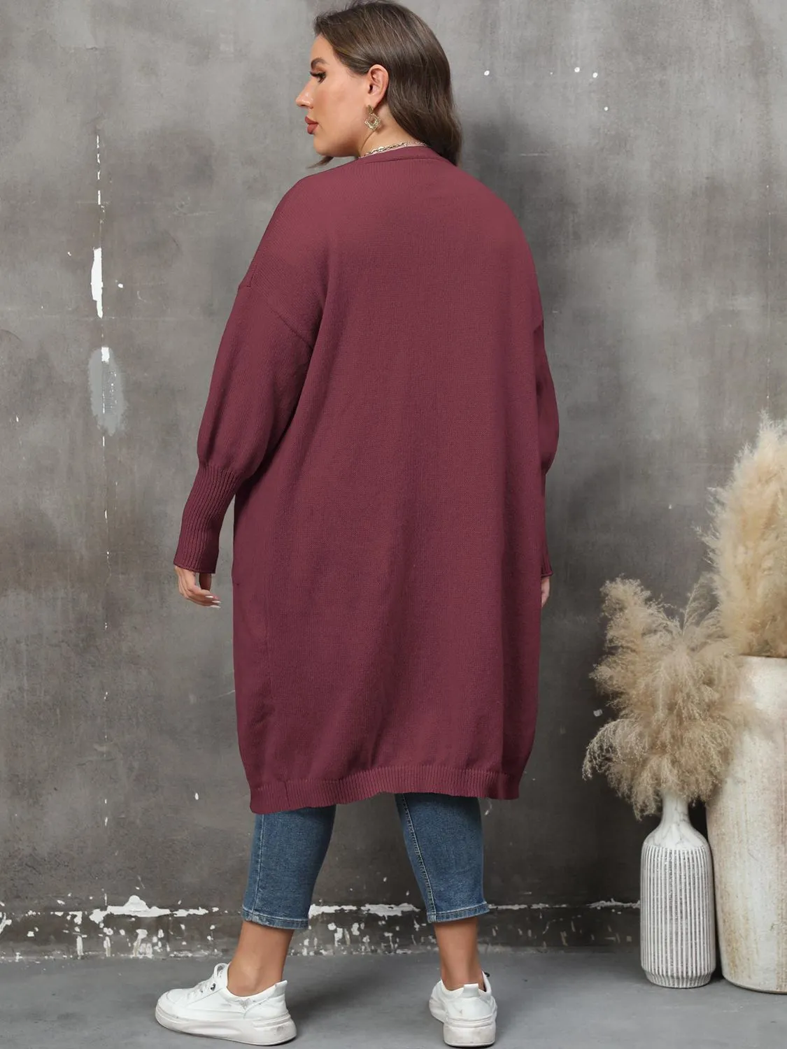 Plus Size Long Sleeve Pocketed Cardigan