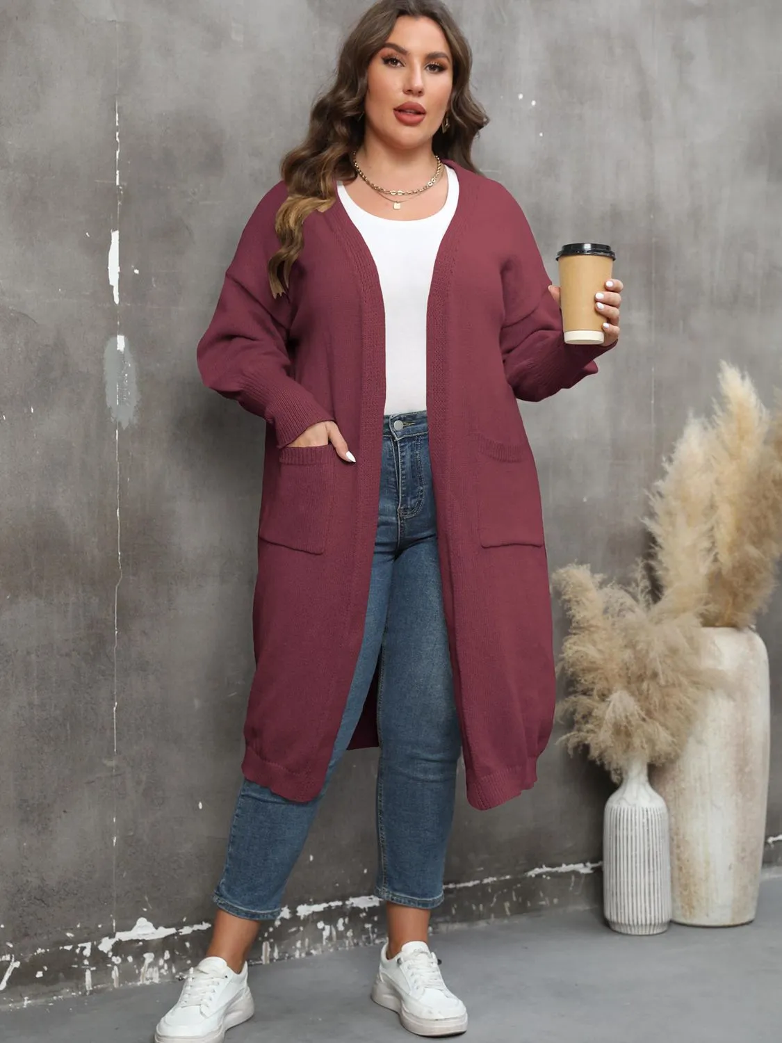 Plus Size Long Sleeve Pocketed Cardigan