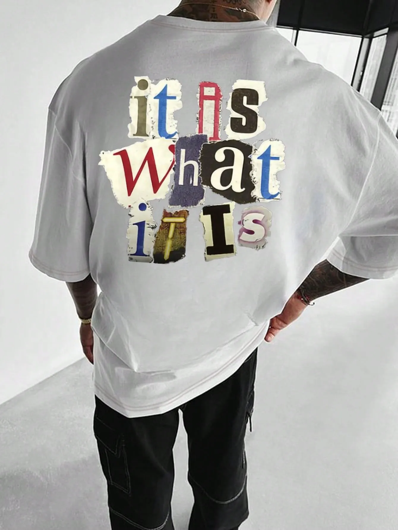 Plus Size Men's Colorful Slogan Print Loose Fit T-Shirt, Casual, Round Neck, Short Sleeve