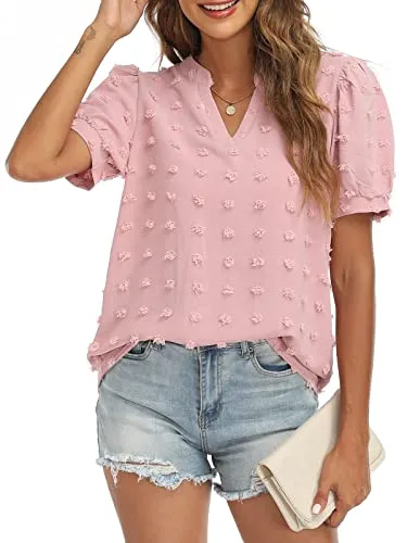 RANPHEE Womens Summer Black V Neck Puff Short Sleeve Tops Casual Business Work Blouses Cute Dressy Swiss Dot Shirts L