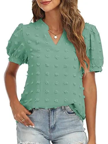 RANPHEE Womens Summer Black V Neck Puff Short Sleeve Tops Casual Business Work Blouses Cute Dressy Swiss Dot Shirts L