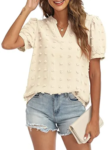 RANPHEE Womens Summer Black V Neck Puff Short Sleeve Tops Casual Business Work Blouses Cute Dressy Swiss Dot Shirts L