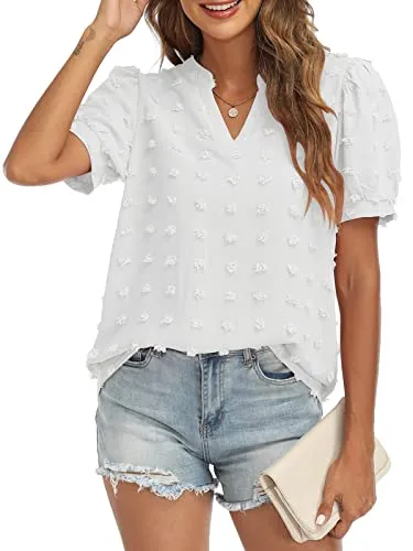 RANPHEE Womens Summer Black V Neck Puff Short Sleeve Tops Casual Business Work Blouses Cute Dressy Swiss Dot Shirts L