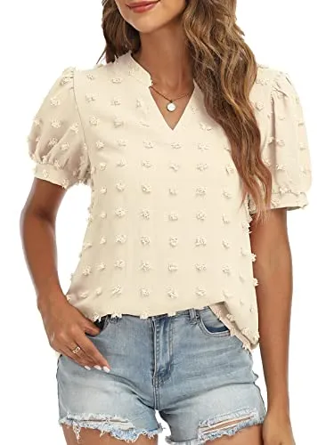 RANPHEE Womens Summer Black V Neck Puff Short Sleeve Tops Casual Business Work Blouses Cute Dressy Swiss Dot Shirts L