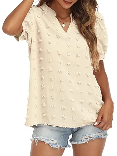 RANPHEE Womens Summer Black V Neck Puff Short Sleeve Tops Casual Business Work Blouses Cute Dressy Swiss Dot Shirts L