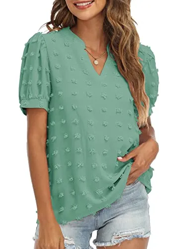 RANPHEE Womens Summer Black V Neck Puff Short Sleeve Tops Casual Business Work Blouses Cute Dressy Swiss Dot Shirts L