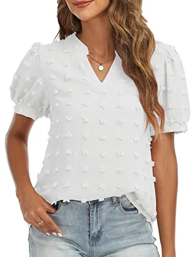 RANPHEE Womens Summer Black V Neck Puff Short Sleeve Tops Casual Business Work Blouses Cute Dressy Swiss Dot Shirts L