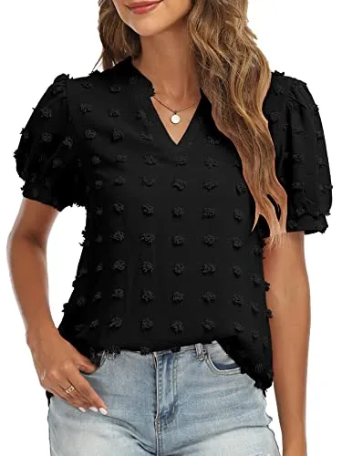 RANPHEE Womens Summer Black V Neck Puff Short Sleeve Tops Casual Business Work Blouses Cute Dressy Swiss Dot Shirts L