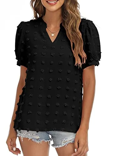 RANPHEE Womens Summer Black V Neck Puff Short Sleeve Tops Casual Business Work Blouses Cute Dressy Swiss Dot Shirts L