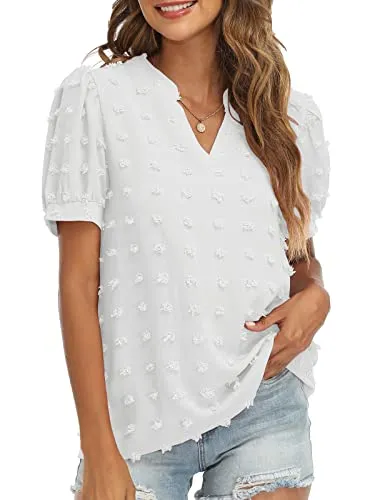 RANPHEE Womens Summer Black V Neck Puff Short Sleeve Tops Casual Business Work Blouses Cute Dressy Swiss Dot Shirts L