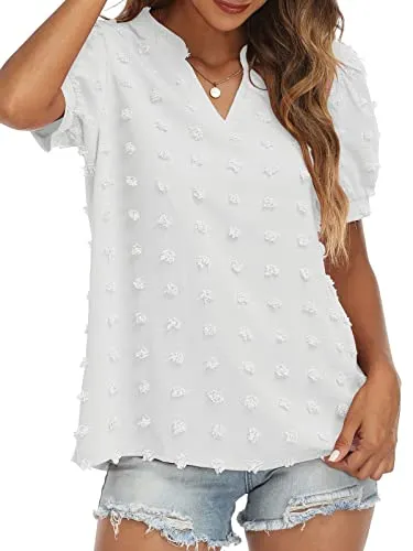 RANPHEE Womens Summer Black V Neck Puff Short Sleeve Tops Casual Business Work Blouses Cute Dressy Swiss Dot Shirts L