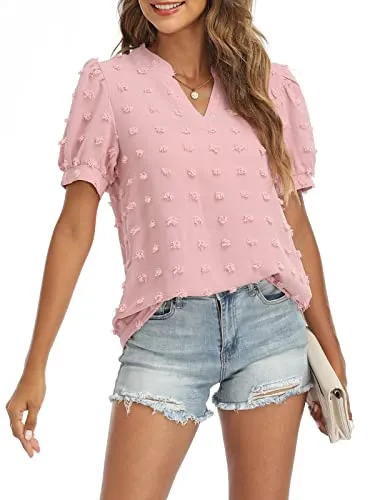 RANPHEE Womens Summer Black V Neck Puff Short Sleeve Tops Casual Business Work Blouses Cute Dressy Swiss Dot Shirts L