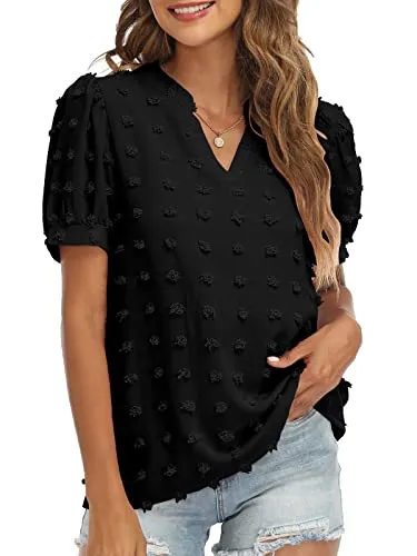 RANPHEE Womens Summer Black V Neck Puff Short Sleeve Tops Casual Business Work Blouses Cute Dressy Swiss Dot Shirts L