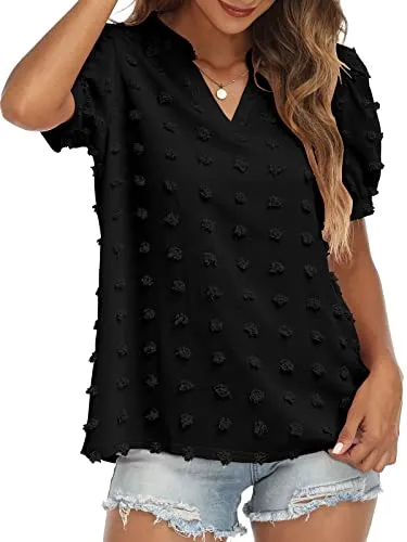 RANPHEE Womens Summer Black V Neck Puff Short Sleeve Tops Casual Business Work Blouses Cute Dressy Swiss Dot Shirts L