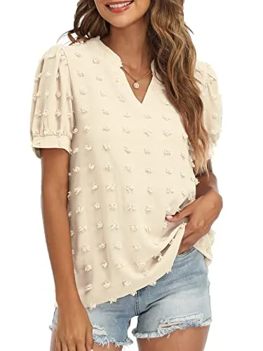 RANPHEE Womens Summer Black V Neck Puff Short Sleeve Tops Casual Business Work Blouses Cute Dressy Swiss Dot Shirts L