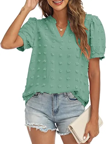 RANPHEE Womens Summer Black V Neck Puff Short Sleeve Tops Casual Business Work Blouses Cute Dressy Swiss Dot Shirts L