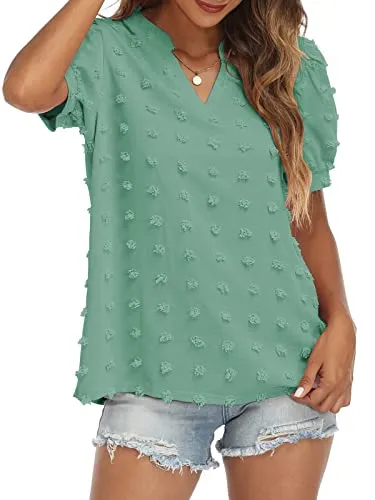 RANPHEE Womens Summer Black V Neck Puff Short Sleeve Tops Casual Business Work Blouses Cute Dressy Swiss Dot Shirts L