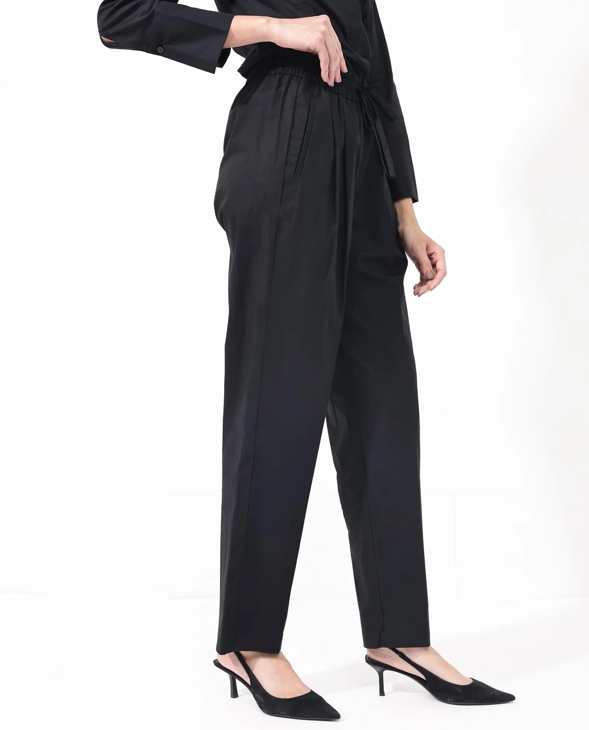 Rareism Women Juven Black Cotton Fabric Regular Length Trouser