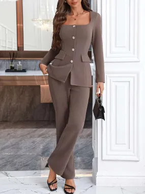 Square Neck Button Up Blazer and Pants Set