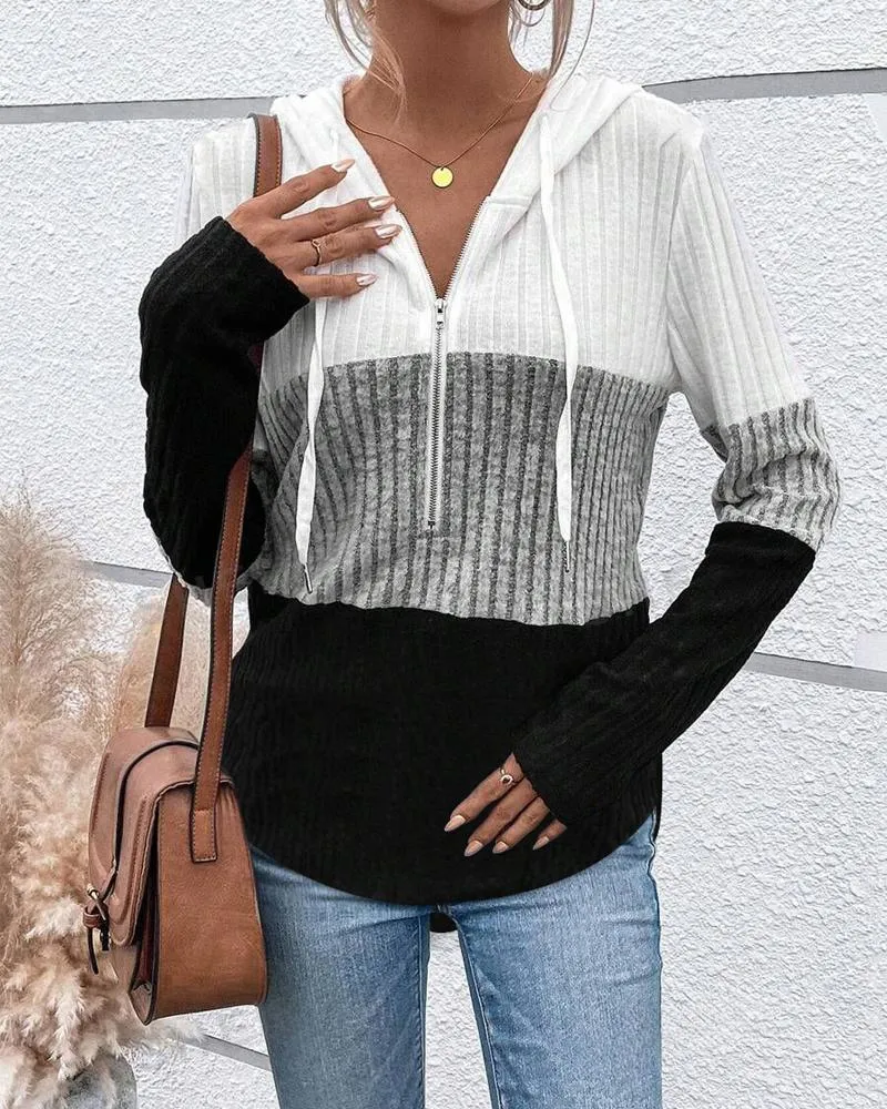 Striped Colorblock Half Zip Up Hoodie Casual Long Sleeve Pullover Tops