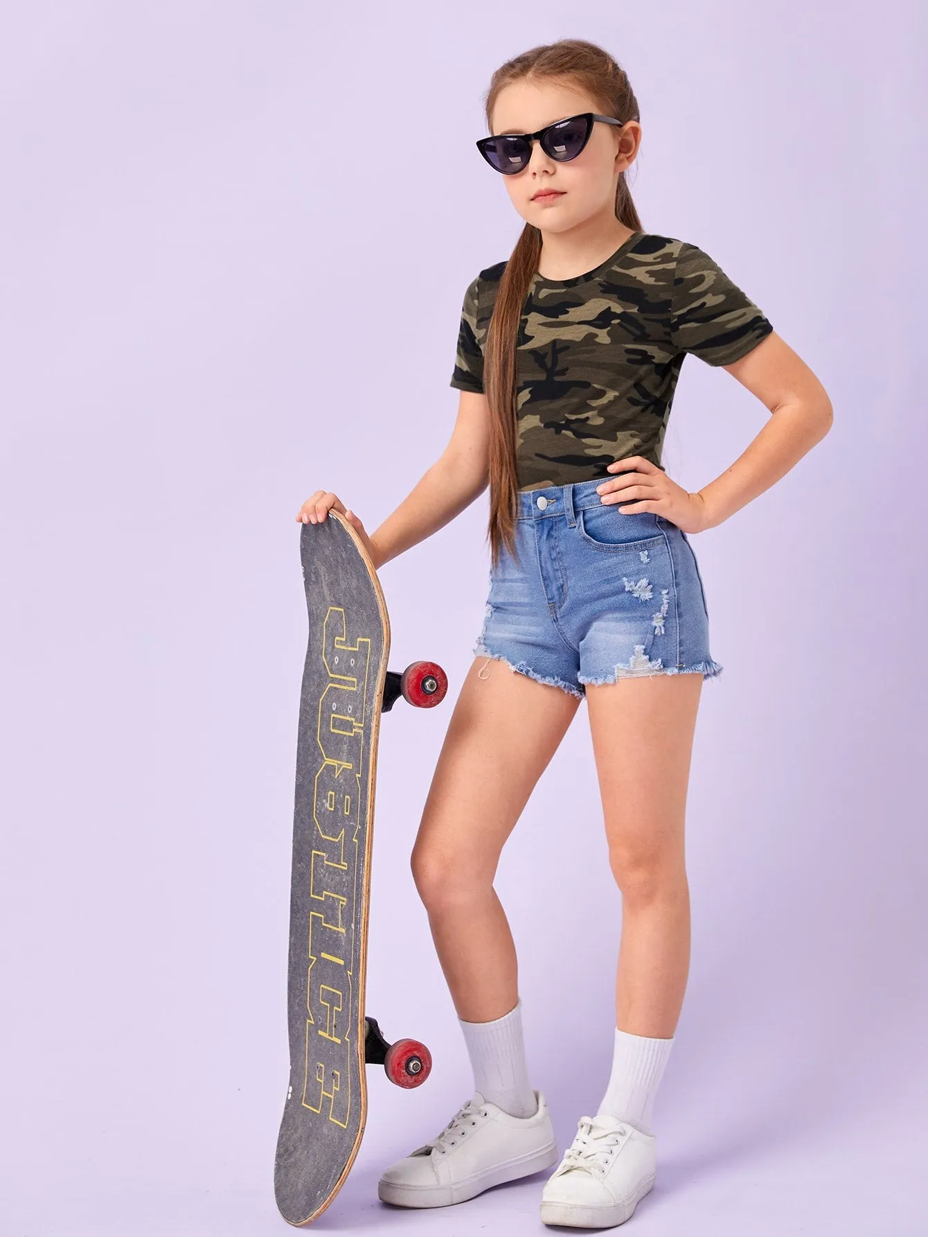 Tween Girl Camo Print Tee - Casual, Round Neck, Short Sleeve, Slight Stretch Fabric