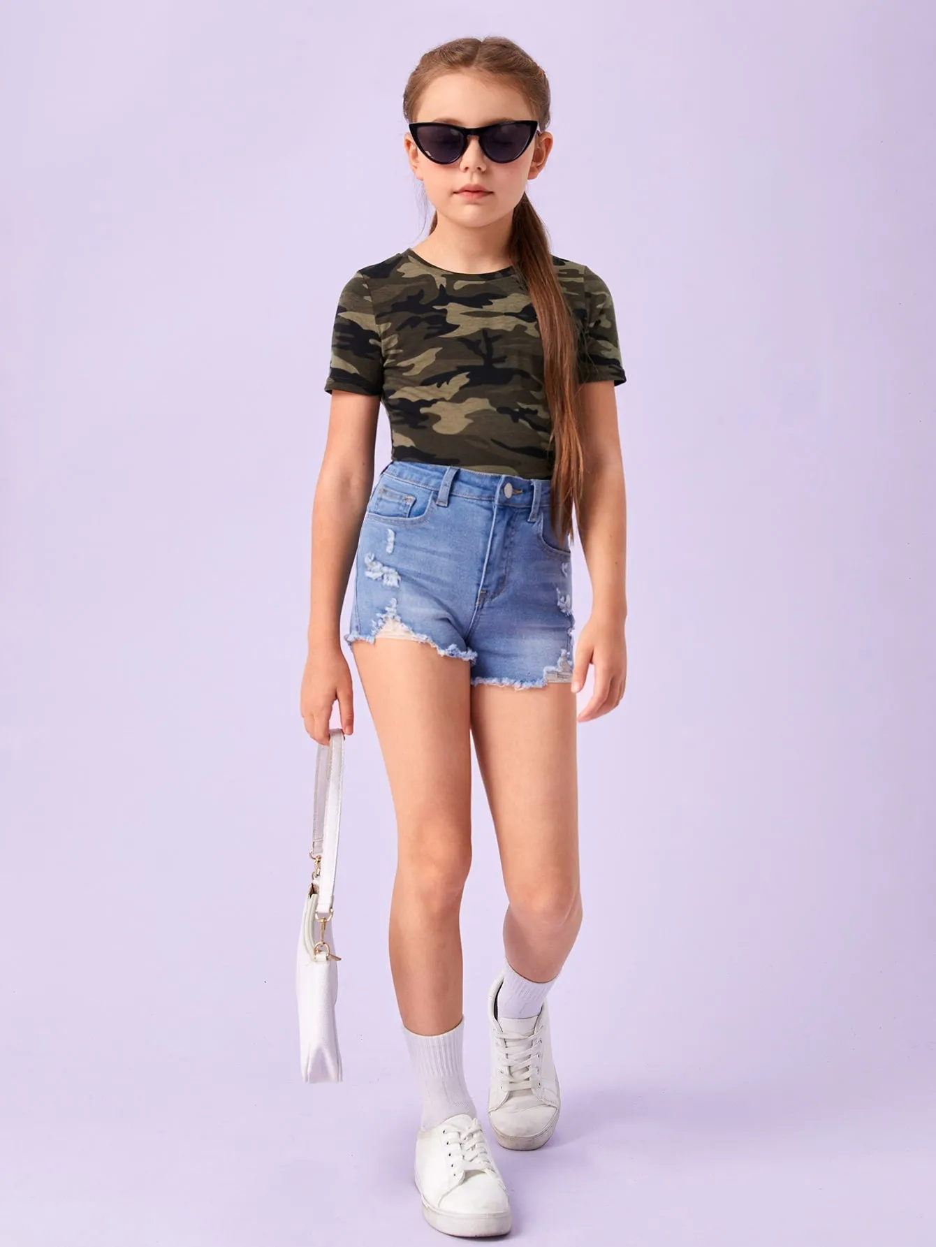 Tween Girl Camo Print Tee - Casual, Round Neck, Short Sleeve, Slight Stretch Fabric