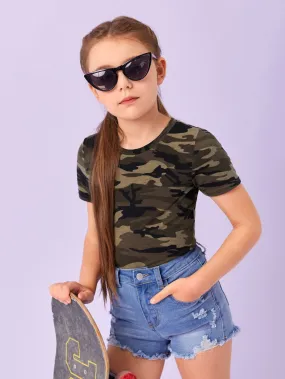 Tween Girl Camo Print Tee - Casual, Round Neck, Short Sleeve, Slight Stretch Fabric