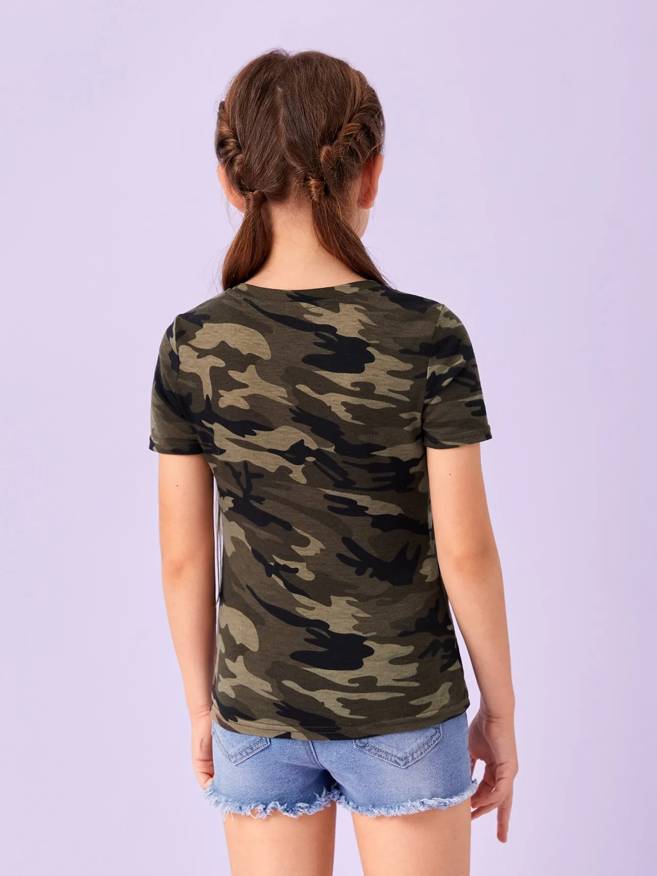 Tween Girl Camo Print Tee - Casual, Round Neck, Short Sleeve, Slight Stretch Fabric