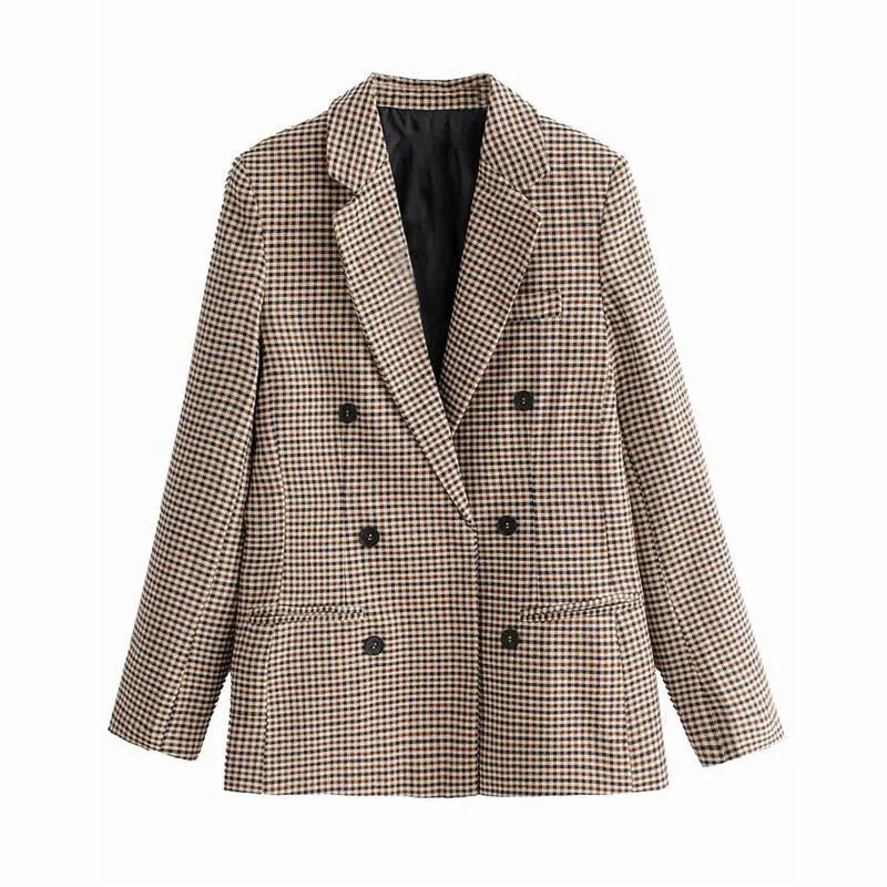 Vintage Double-Breasted Long Sleeve Collared Checked Blazer - Khaki