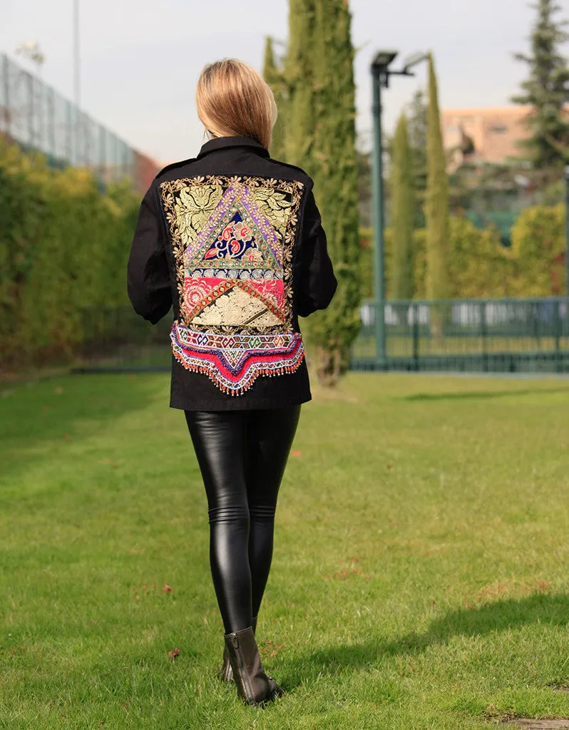 Vintage Embroidered Army Jacket in Black