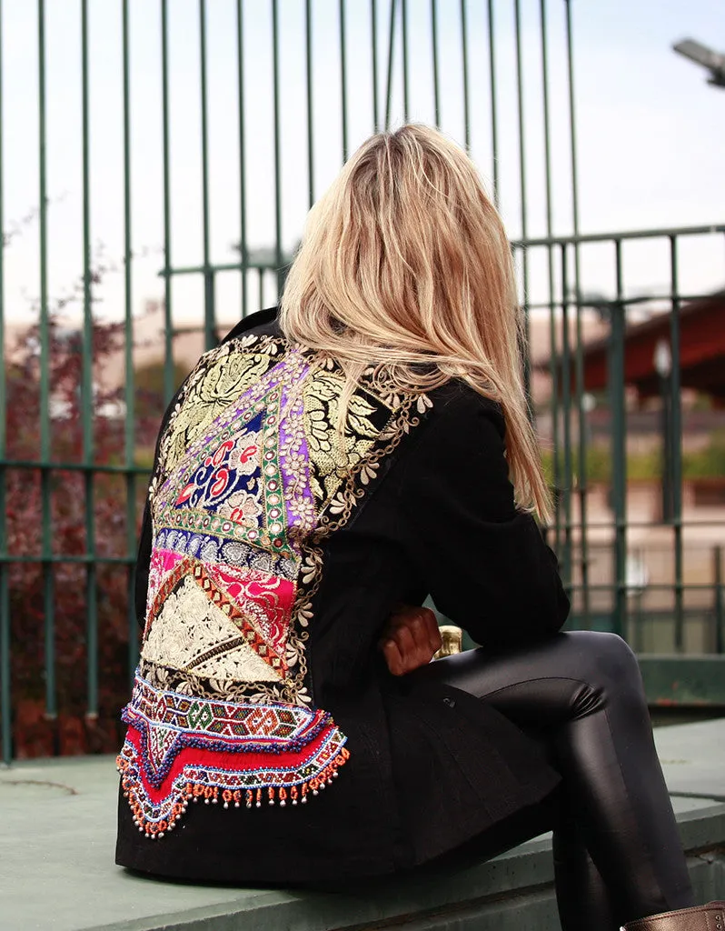 Vintage Embroidered Army Jacket in Black