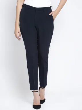 Women Navy Blue Solid Trousers