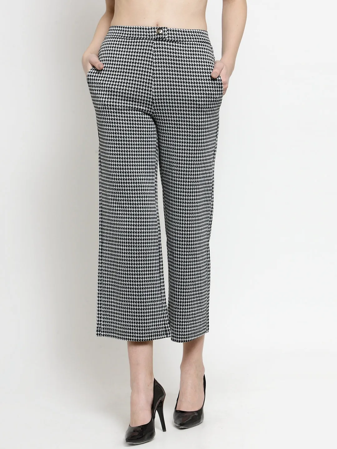 Women Self Design Black  Flared Trousers With Herringbone