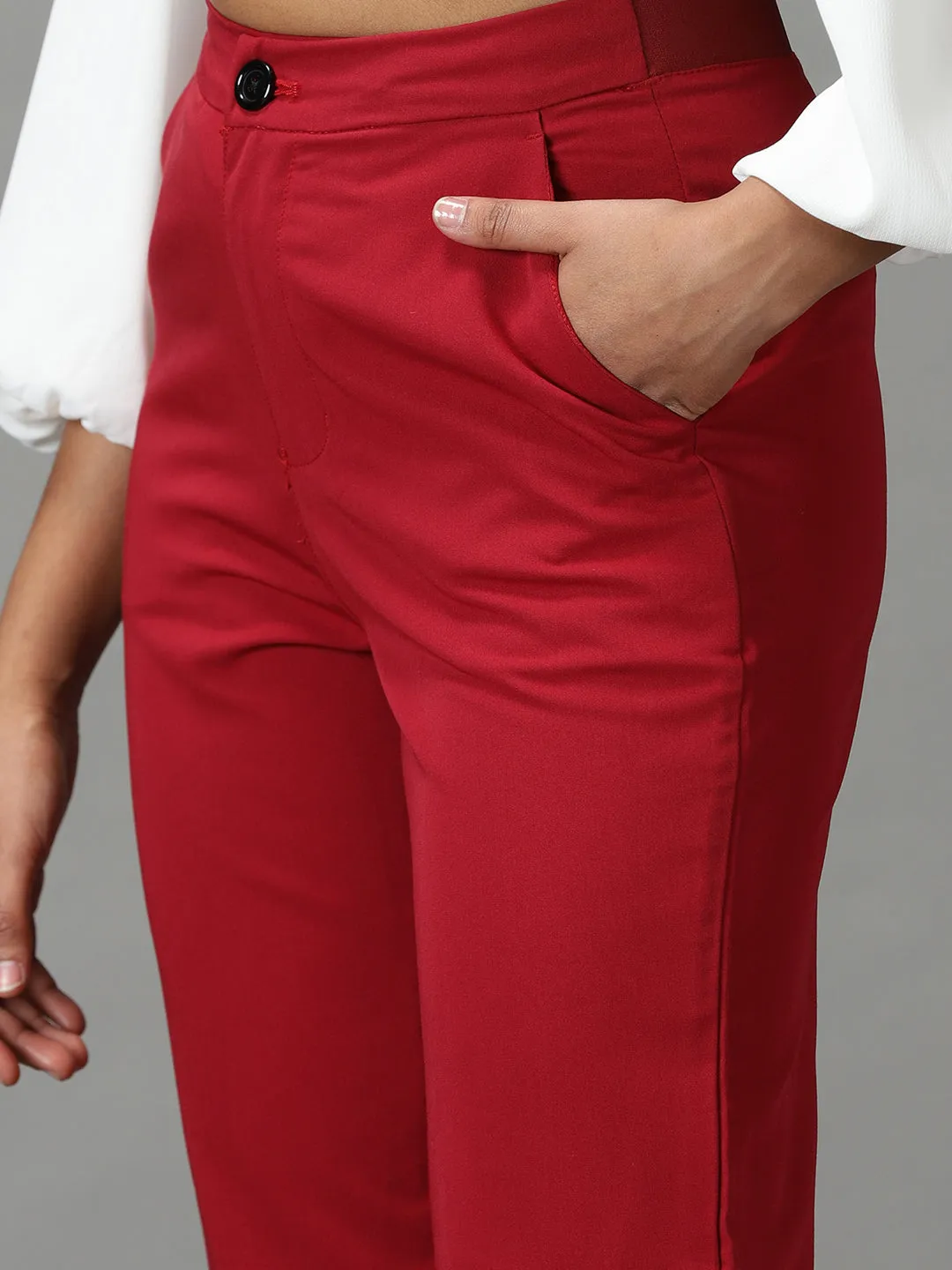 Women's Maroon Solid Formal Trouser