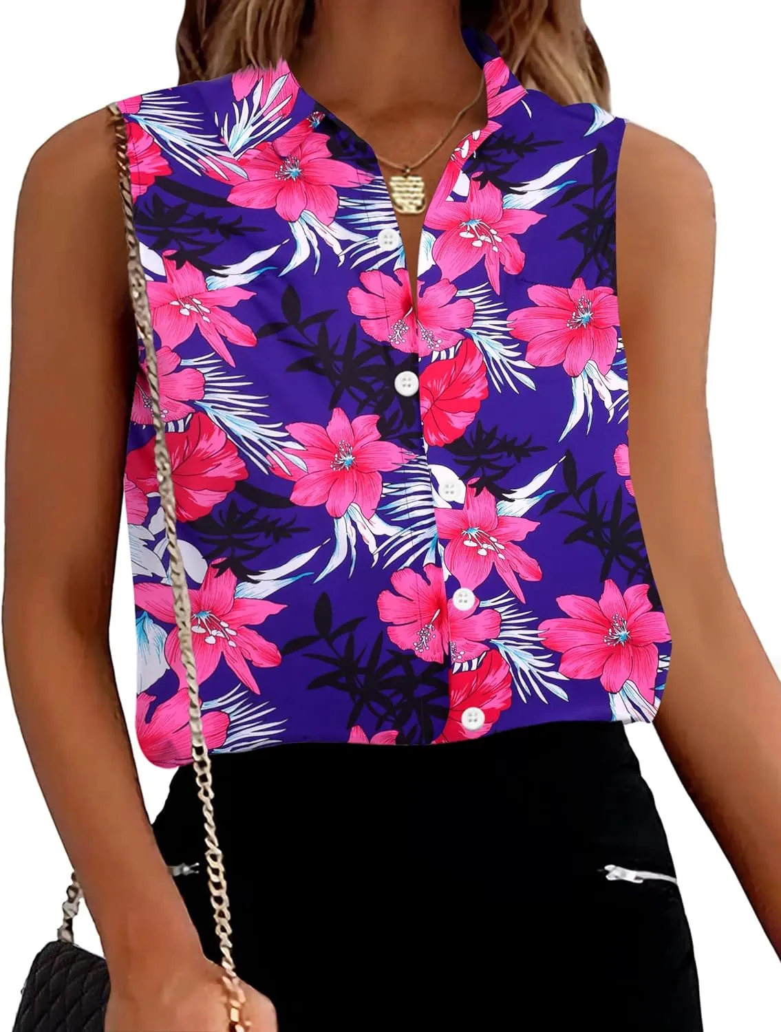 Zeagoo Sleeveless Blouses for Women Summer Casual Button Down Shirts Flower Tank Tops Fashion