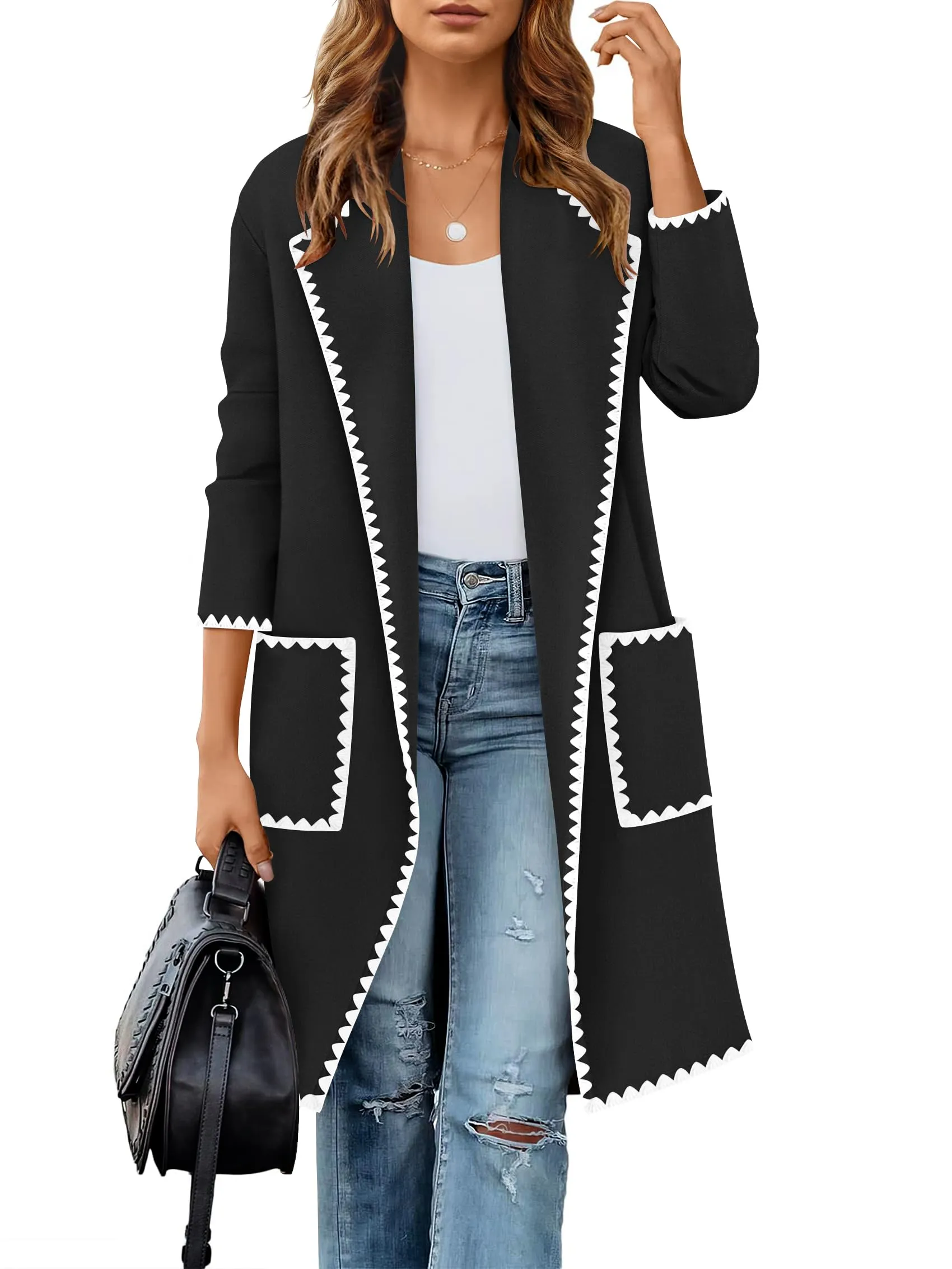 ZESICA Open Front Long Cardigan Sweater Casual Lapel Coatigan Coat